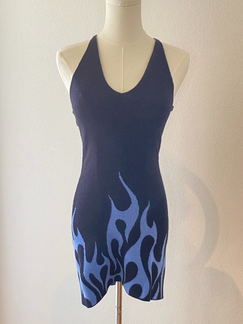 Forever 21 Flames Halter Bodycon Dress Women’s Size Small Blue Black Knit